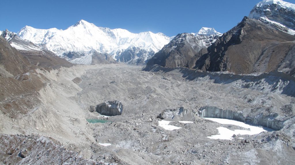 Nepal’s longest glacier, Ngozumba is melting due to climate change. Mt Cho Oyu in the background